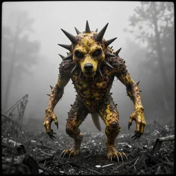 yellow dog man creature pointy scary rusty monster trailcam footage, liminal, black and white, foggy, creepypasta, scary, nightmare