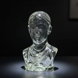 a transparent glass statue made of soft waves in a dark room