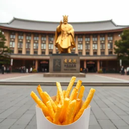 color digital photo of a box of fast - food french fries, in front of a golden statue of oda nobunaga on a pedestal in a public square in gifu.