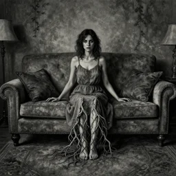 a dark moody wide angle image of a woman in a sundress sitting centered on a living room couch with her legs covered with vines and gnarled roots. highly detailed drawing