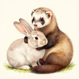 A drawing of a ferret hugging a rabbit.