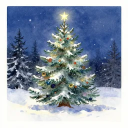 greeting card artwork, watercolor painting of a christmas tree outdoors in the snow at midnight in the style of thomas kinkade