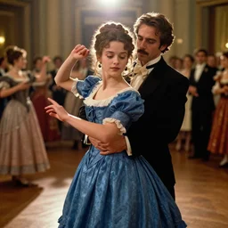 a victorian girl wearing a blue dress dancing in a ballroom. hyper realistic and anamorphic 2 0 1 0 s movie still of giovanni falcone, by paolo sorrentino, leica sl 2 3 0 mm, beautiful color, high quality, high textured, lens flare, refined face and muzzle.
