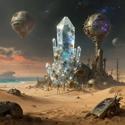 abandoned by pieter bruegel the elder, cyberpunk desert crystal otherworldly steampunk cosmic extraterrestial vice city san andreas scumm bar sea apocalyptic poppy sunlight at dawn, archdaily, wallpaper, highly detailed, trending on artstation.