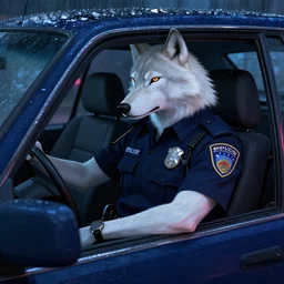 anthro albino wolf police officer sitting in car driver's sear looking bored at night in the rain, neon light, deep focus, highly detailed, digital painting, artstation, concept art, matte, sharp focus, illustration, art by artgerm and greg rutkowski and alphonse mucha
