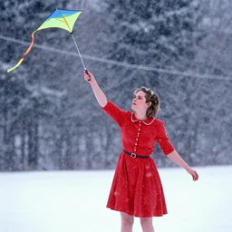 kristen stewart flying a kite in a snowstorm. she's wearing a dress but visibly unbothered by the freezing temperature. vibrant colors. professional photography. kodachrome