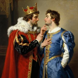 attractive fully clothed king confesses his love for his attractive fully clothed male prince. highly detailed painting by gaston bussiere, mark brooks, j. c. leyendecker