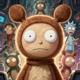 cheburashka futurama furry cyberpunk apocalyptic portrait by gaston bussierre and charles vess and james jean and erik jones and rhads, inspired by rick and morty, epic, funny, huge scale, beautiful fine face features, intricate high details, sharp, ultradetailed