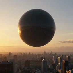 digital sci-fi painting of a gigantic black sphere floating over the city, concept art, beautiful sunset lighting, golden hour, 4k trending on artstation