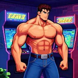 a muscular bodybuilder man, fantastic lighting, arcade, videogame, pixel art, high detail, 1 6 bits, 2 d, pointillisme