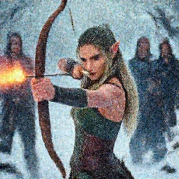 face portrait of Mila Kunis as a muscled elf wielding huntsmen bow aiming a flaming arrow, snowy winter scene, Donato Giancola, Mark Brooks, Ralph Horsley, Charlie Bowater, Artgerm, Christopher Balaskas, Bastien Lecouffe-Deharme, Boris Vallejo