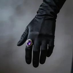 a male hand in a beautiful black matte silk glove, antique silver ring with amethyst cabochon, cinematic lighting, misty, by leyendecker,