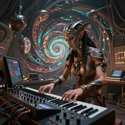 a dynamic photo of a post apocalyptic tribal cyborg dj tweaking and playing synthesizers in the most complicated and technical spiral fractal musical studio, powerful, cinematic, beautifully lit, by donato giancola, by artgerm, by karol bak, 3 d, perfect face and body, trending on artstation, octane render, 8 k