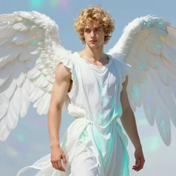 portrait of a beautiful young fit male angel with curly blond hairs, dressed with fluent clothes, luminous scene, by Greg Rutkowski and alphonse mucha, d&d character, gradient white to cyan, in front of an iridescent background, highly detailed portrait, digital painting, artstation, concept art, smooth, sharp focus ilustration, Artstation HQ