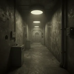 screenshot of a game on unreal engine 5, narrow underground laboratory, photorealistic, liminal, retrofuturism, minimalist, soft vintage glow