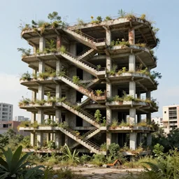 a beautiful very detailed highly detailed building unfinished building urbex architecture nature stairwell city abandoned industrial architecture by william pereira, wilderness san andreas poppy evil, archdaily, wallpaper, highly detailed, trending on artstation.