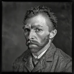 a dark, monochrome, glass negative, silver gelatine realistic, supersharp, supersharp, realistic, photographic daguerreotype portrait of vincent van gogh, shallow depth of field