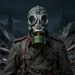 portrait of futuristic world war 1 russian soldier with gp - 5 gas mask on top of a giant debris pile, dark night background, eerie colors, high details, dripping paint, greg rutkowski, craig mullins, ash thorpe, fibonacci rhythm ar