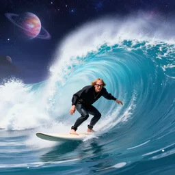 stephen hawking surfing on a big wave full of galaxies and planets