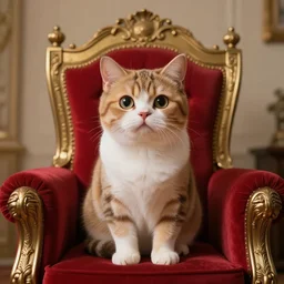 an anthropomorphic cat sitting on a throne