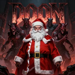 ( doom ) cover featuring santa!! claus!! surrounded by demons, by jimmy presler, artstation, directed gaze
