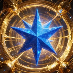 a giant blue star inside a golden artificial megastructure, highly detailed artwork, digital art