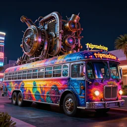 photo of a steampunk nightliner bus outside in las vegas at night, custom airbrush paintjob, band name on the bus is tripmachine, realistic digital art, textured with a 3 d render of a huge futuristic steampunk generator, 8 k, fluorescent colors, halluzinogenic, multicolored, exaggerated detailed, unreal engine