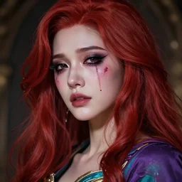 beautiful girl + a muse of beauty, crying, smeared makeup, runny mascara, smokey eyes, long flowing crimson hair, purple and teal costume, young female face, pixiv, cinematic top lighting, insanely detailed and intricate, face by wlop, Charlie Bowater + rule of thirds, asymmetric composition, ornate, matte painting, cinematic, cgsociety, 8k, high resolution