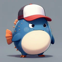 illustration of a fat round spikey blowfish wearing a trucker hat and a wry smirk by Asaf Hanuka trending on artstation