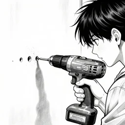 close-up scene neighbor holding a drill and drilling holes in a room, all wall is drilled with holes, manga, professional manga artwork, very detailed, black and white manga horror in style of junji ito, kentaro miura, Tsutomu Nihei