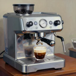 a painting of a humanoid espresso machine that makes coffee from human souls