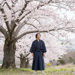 samurai standing under a blossom tree