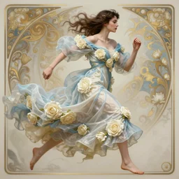 woman dressed in a vaporous wrapped large  victorian cream roses silk semi-transparent blue and cream dress fashion is running  D&D, fantasy, intricate, elegant, highly detailed, digital painting, artstation, concept art, matte, sharp focus, illustration, art by Artgerm and Greg Rutkowski and Alphonse Mucha