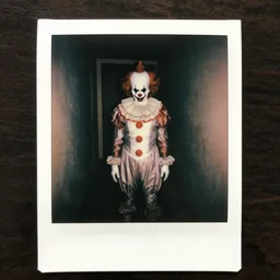 an eerie polaroid photograph of a scary evil clown standing in a hallway, nighttime, dimly lit, creepy high detail