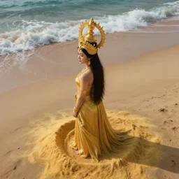clothed goddess turned his back standing on beach made of golden powder, beautiful waves in sea, wearing a highly detailed golden crown, ultra detailed, 8 k, artstation award winner, drone footage