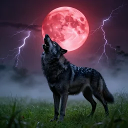 beautiful illustration of a black wolf howling, a big full red moon shining bright, thunderstrikes, eerie fog, epic, dramatic lighting, in a fantasy world, green grass, highly detailed, crystal lighting, hyperrealistic, trending on artstation, unreal engine, magical, by joe fenton, by greg rutkowski, by greg tocchini, by kaws, by kate beaton, by kaethe butcher