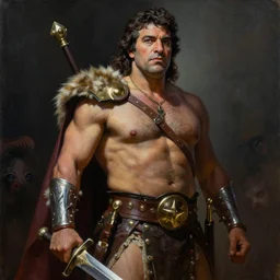 an ultra - realistic majestic looking painting of hugo chavez dressed as a barbarian while holding a sword in the style of frank frazetta. 4 k. ultra - realistic. highly detailed. dark fantasy. epic lighting.