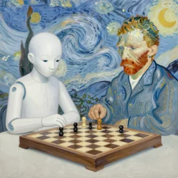 an oil painting of an artificial intelligence playing chess against vincent van gogh