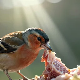 close - up of a raw chicken being eaten by a common chaffinch, sunny vibrant day, godrays coming from above, movie still, cinematic lighting, ray tracing, octane render, long lens, shallow depth of field, bokeh, anamorphic lens flare, 8 k, hyper detailed, 3 5 mm film grain