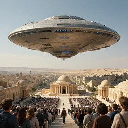 a giant alien ufo high tech spaceship eerily hovering on nineveh on mesopotamia city landscape with beautiful shrines by greg rutkowski, artgerm, ross tran, magali villeneuve, intricate, time travel theme, audince in awe, spectacle, audience sorrounding, award winning, octane render, masterpiece, 8 k, beautiful
