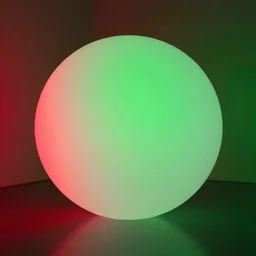 a white sphere in a room with a red, glue and green lights, global illumination, ray tracing