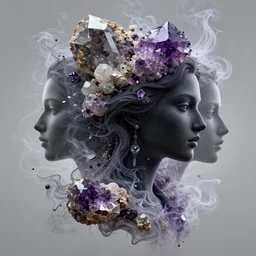 3 d head shot intricate portrait of the beautiful goddess silhouette mixed with paint and smoke, intricate, elegant, giant minerals!! quartz and giant amethyst surrounded by smoke and water energy flow. highly detailed. octane render, excellent composition, by wlop, tooth wu, greg rutkowski, beeple, kandinski