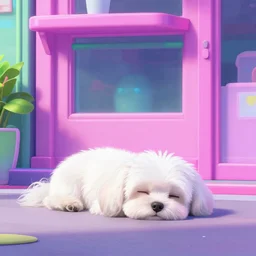 a maltese dog dozing off by kinkakiji, sprite, vaporwave nostalgia, directed by beat takeshi, visual novel cg, 8 0 s anime vibe, kimagure orange road, maison ikkoku, sketch by akira toriyama