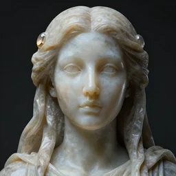 detailed portrait, high priestess, realistic face sculpted features, large eyes, statuesque, quartz skin, silk hair, tech noir, supple, smooth, jewel, lit from within, chiaroscuro, organic impressionism, deep backdrop, natural colors, octane render