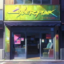 a very close close close up front view of a ( ( ( cyberpunk ) ) ) quiet shopfront facade with ( ( advertisements ) ), in a high definition screenshot from the anime anime film, digital painting by ( makoto shinkai ), moebius moebius, surrealism, trending on artstation