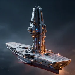 cinematic scifi render of a 3 d sculpt of a john harris aircraft carrier megalithic tower structure covered in lights and docking bays, halo, star wars, ilm, star citizen halo, mass effect, high tech industrial, artstation unreal, dramatic powerful sky
