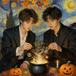 painting of young cute handsome beautiful dark medium wavy hair man in his 2 0 s named shadow taehyung and cute handsome beautiful min - jun together at the halloween witchcraft ritual, bubbling cauldron, spells, autumn colors, elegant, modern clothing, soft facial features, delicate facial features, art by alphonse mucha, vincent van gogh, egon schiele