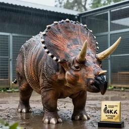 nature photography of a triceratops, rainy day, outside enclosure, 4 k photograph, award winning, 5 0 mm, telephoto lens, national geographic