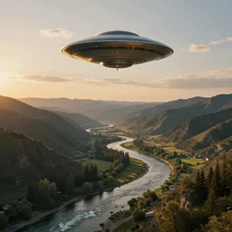 in the center aflying saucer, in a valley crossed by a small river, with a small forest, and mountains in the distance, beautiful mattepainting, featured on artstation, by john howe & quentin mabille & dmitry zaviyalov, sunset, wallpaper, highly detailed, cinematic, ray tracing, unreal engine, photorealistic