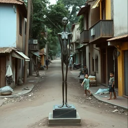 vintage color photo of a giacometti bronze sculpture in the middle of a poor brazilian favela street, image by werner herzog